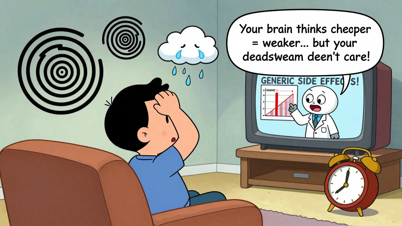 Patient surrounded by comical side effect icons while a scientist explains that blood levels are the same for brand and generic.