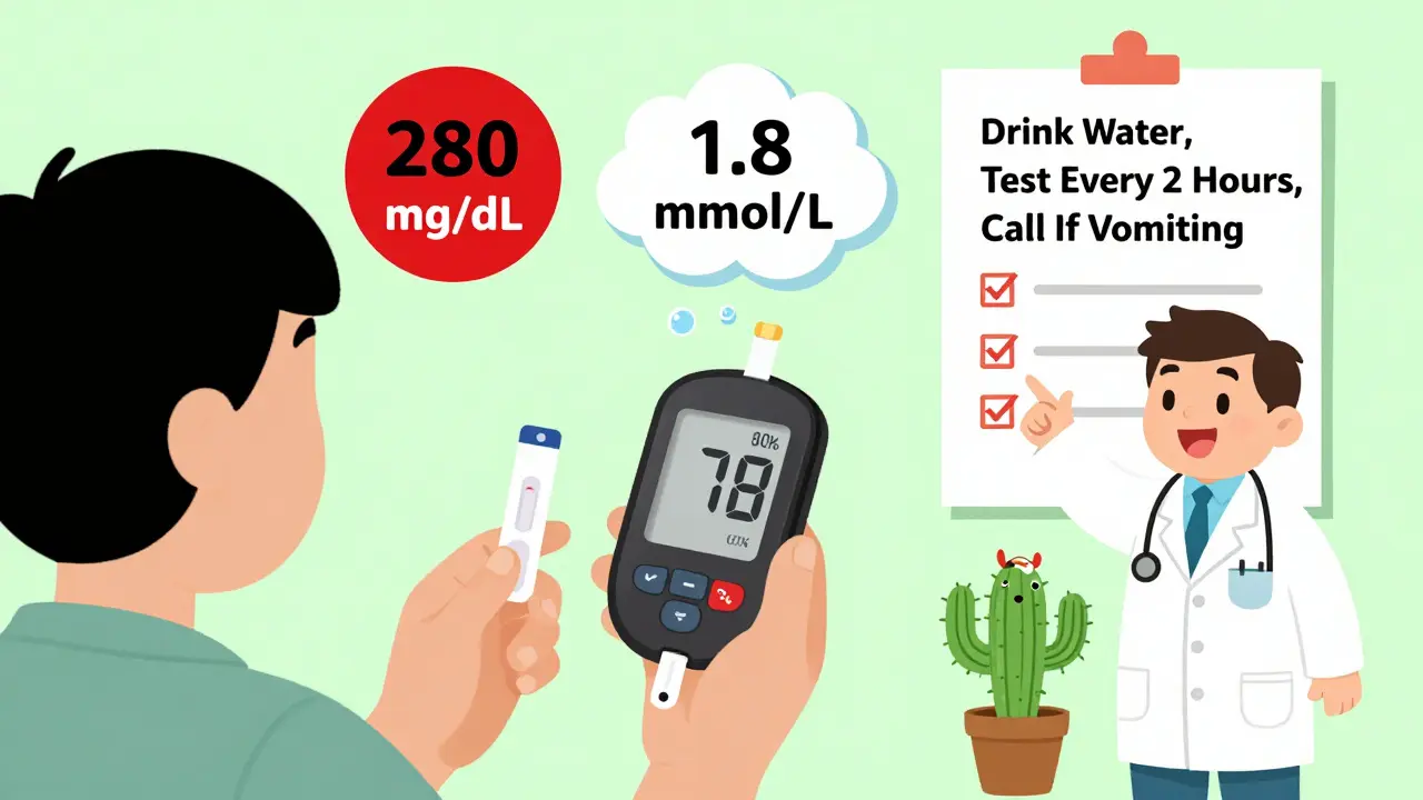 Person testing blood sugar and ketones with warning symbols floating around, doctor pointing to checklist.