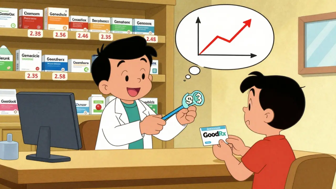Pharmacist giving a pill splitter and discount card at a pharmacy counter.