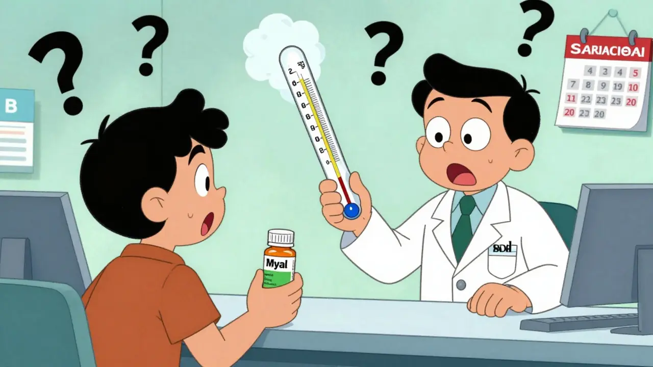 Pharmacist handing two different warfarin bottles to patient as INR levels spike dramatically in cartoon style.