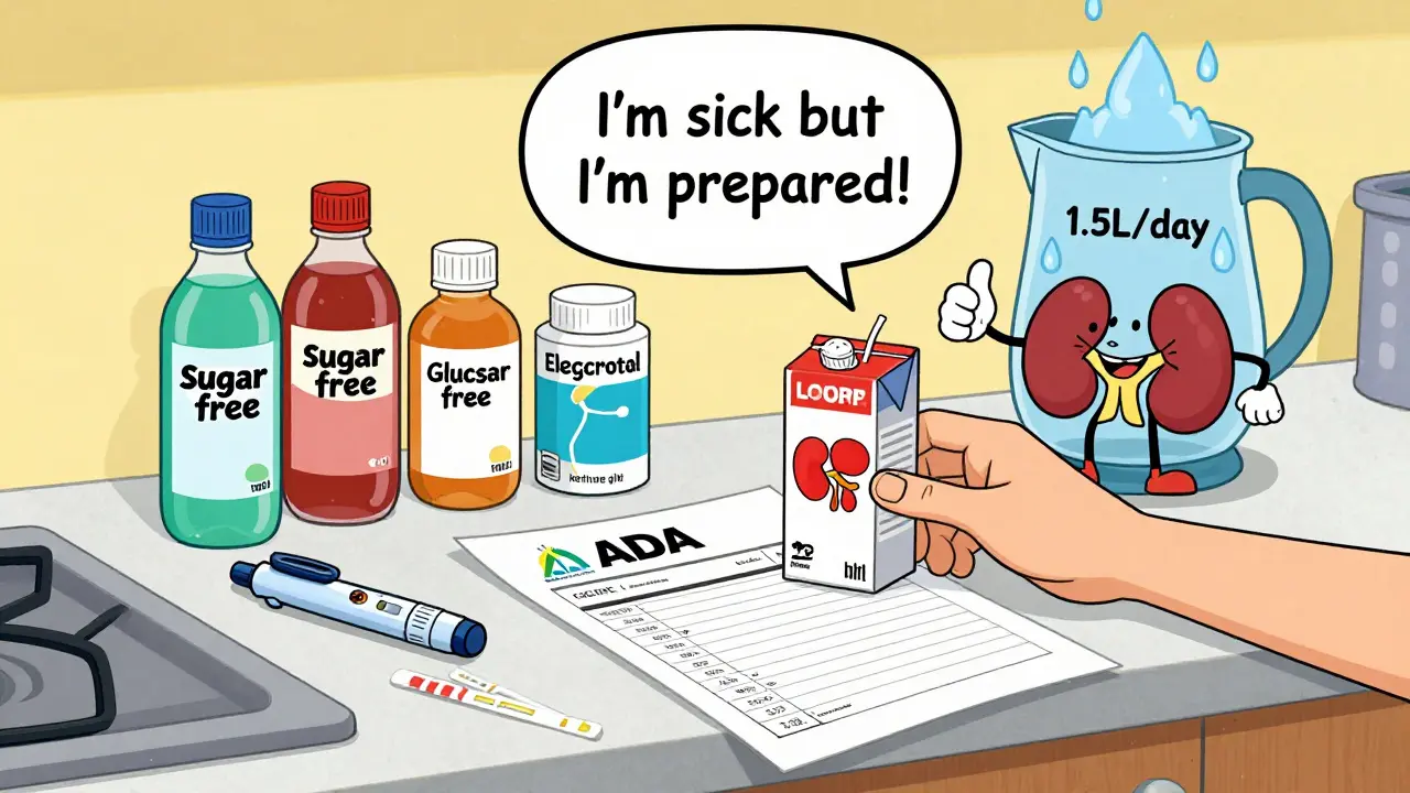 Sick-day kit on counter with electrolytes, insulin, glucose tablets, and happy kidney beside water pitcher.