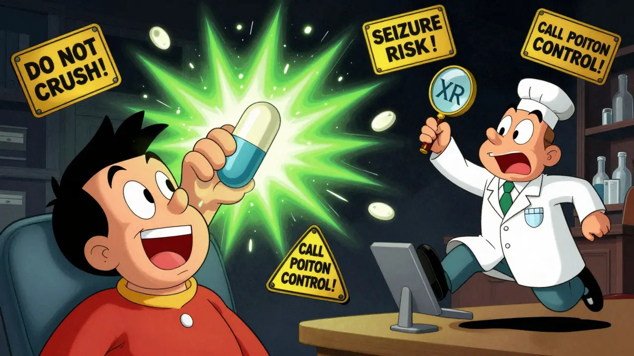 Someone crushing an extended-release pill, triggering a dangerous overdose blast with warning signs flying around.