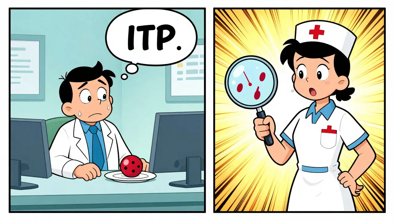 Split-panel medical cartoon: one side shows misdiagnosis, other shows correct DIC pattern with floating lab values and magnifying glass.