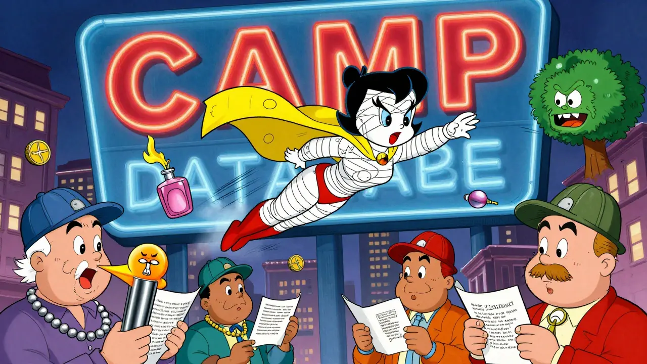 Superheroine dodging allergen villains while people switch to safe products under a glowing CAMP database sign.