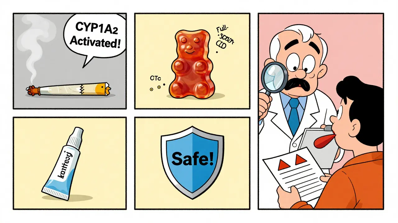 Three cannabis forms shown with effects on meds, pharmacist overwhelmed with chart.