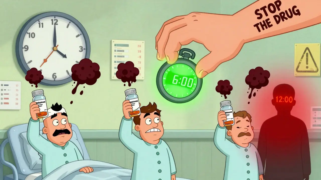 Three drug bottles emitting clot clouds, giant hand slams 'STOP THE DRUG' as a countdown timer shows survival window in cartoon style.