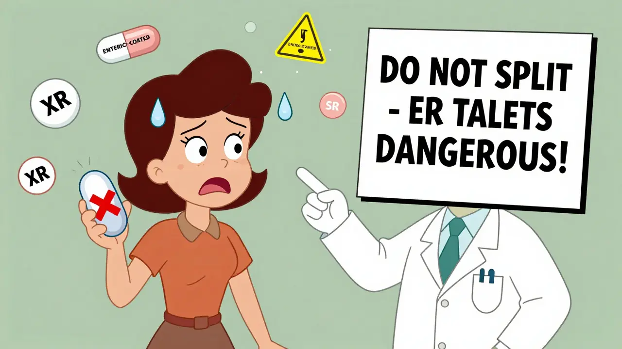 Woman hesitating to split a time-release pill, pharmacist warning her with a sign.