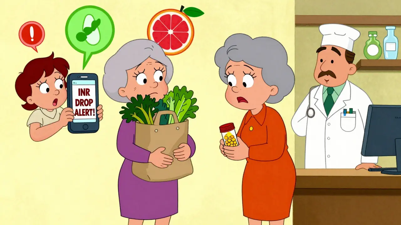Woman with groceries and a warning smartphone, surrounded by floating drug interaction icons.