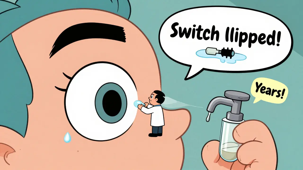 A close-up of an eye with a tiny doctor inserting a punctal plug, while another eye waters like a faucet.