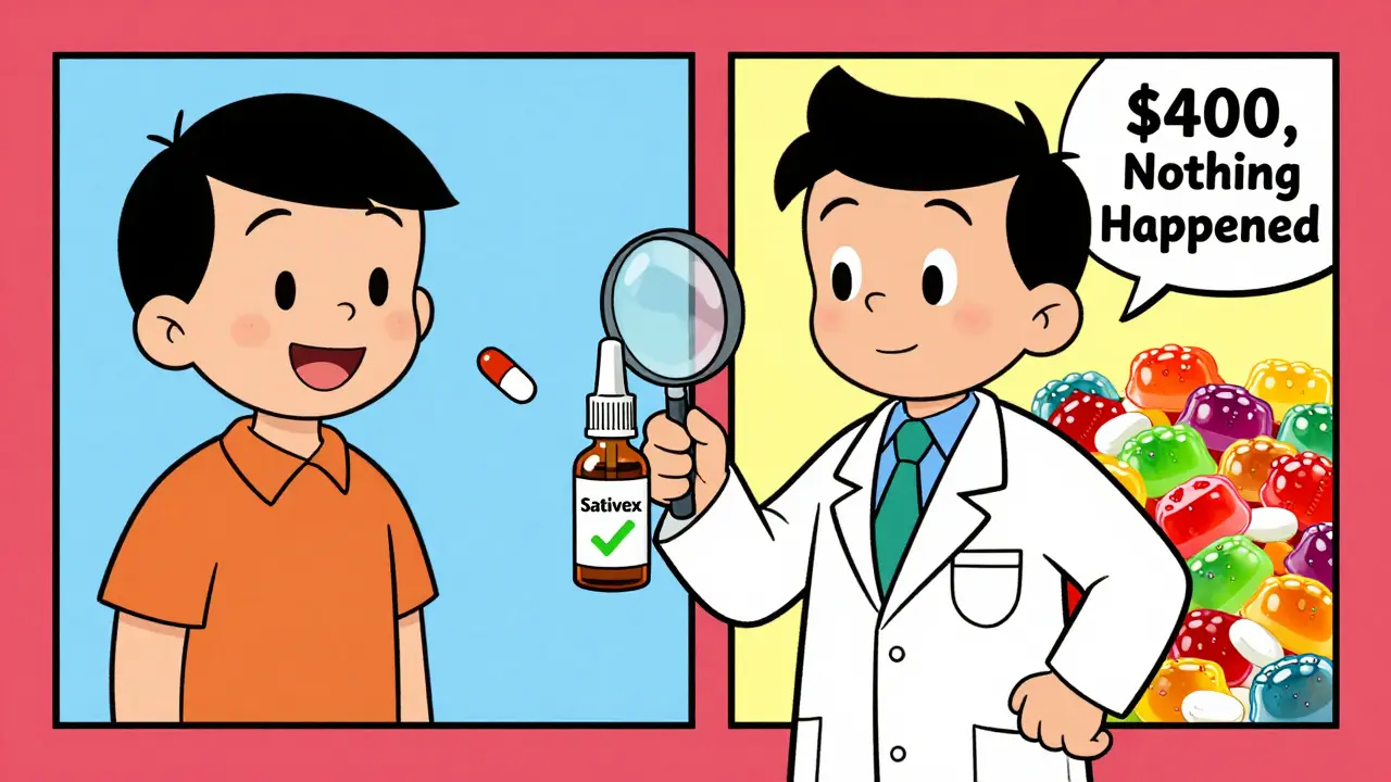 A doctor holding a proven THC:CBD spray while unregulated gummies fail behind, illustrating effective treatment.