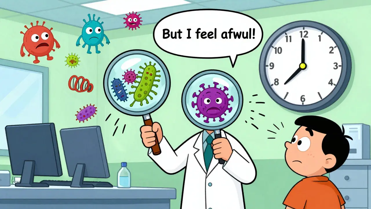A doctor uses magnifying glasses to show bacteria splitting and a virus invading a cell in a playful clinic setting.