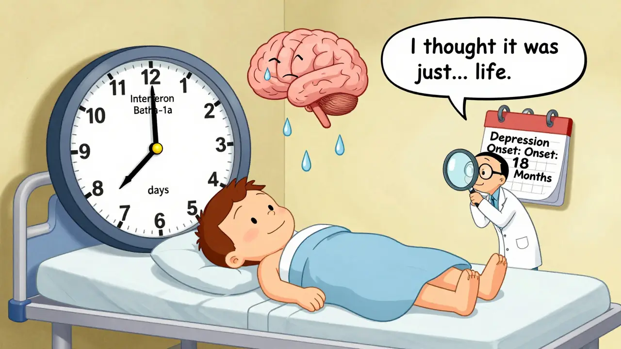 A patient on a hospital bed as a giant clock ticks toward 18 months, with a sad brain above, in Hanna-Barbera cartoon style.