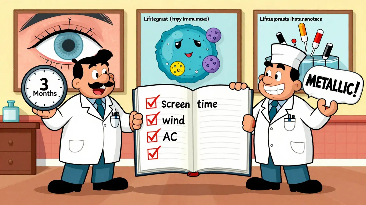 A patient with a symptom journal between two doctors, one holding a clock and the other a metallic taste icon, with healing mural behind.