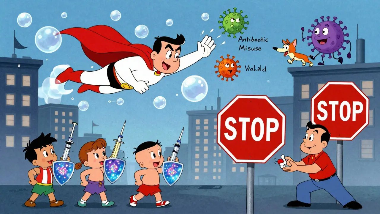A superhero named Hand-Washing Man fights germs while kids get vaccinated, all in classic Hanna-Barbera cartoon style.