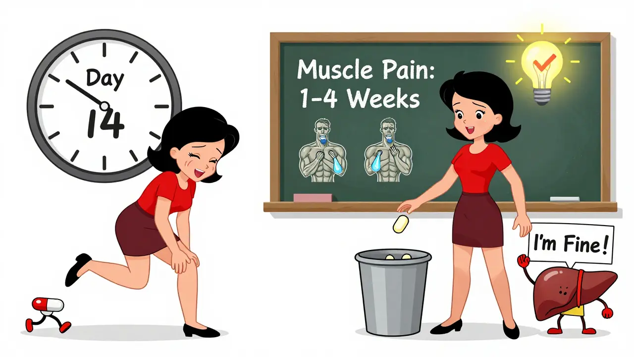 A woman comparing statin side effects with a clock at day 14, then happily discarding the pill in cartoon style.