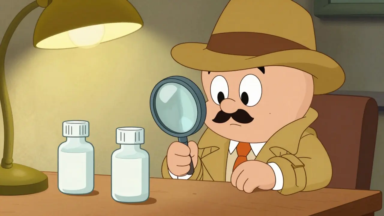 Cartoon detective examining medicine bottles with magnifying glass