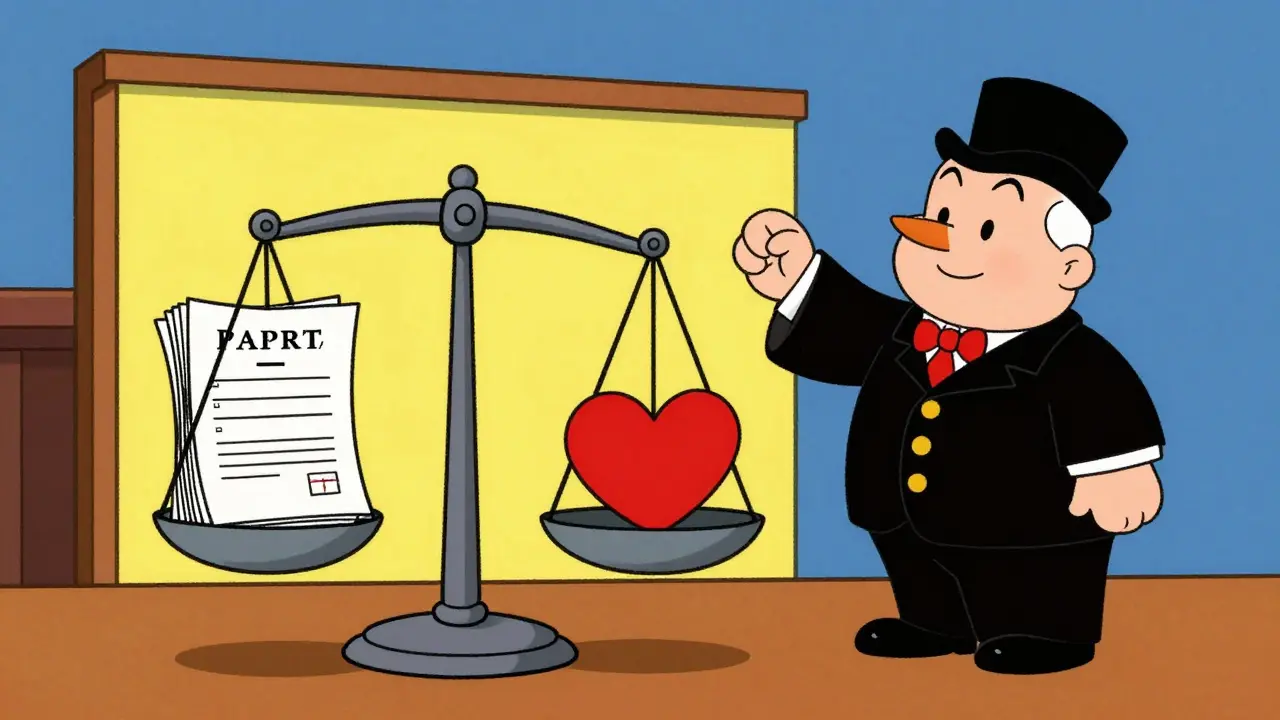 Courtroom scale balancing patent documents against heart symbol.