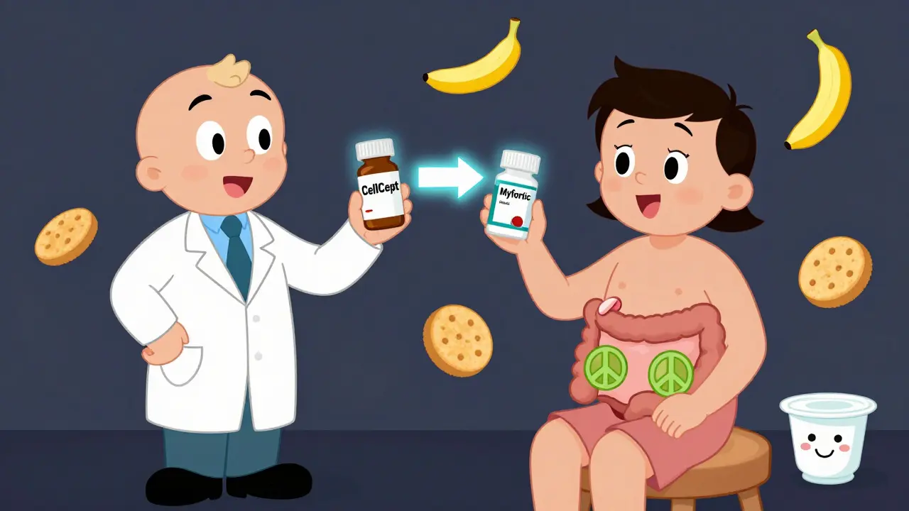 Doctor switching from CellCept to Myfortic pill as patient's gut calms with banana and yogurt