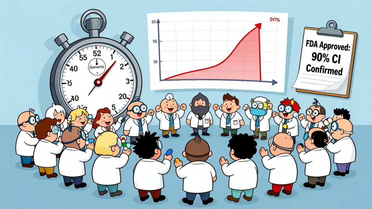 Lab scientists monitoring volunteers in a crossover bioequivalence study with matching blood concentration graphs.