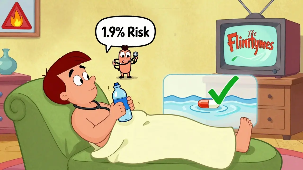 Patient resting as cartoon colon shows risk vs. relief with extended-release pill and water bottle