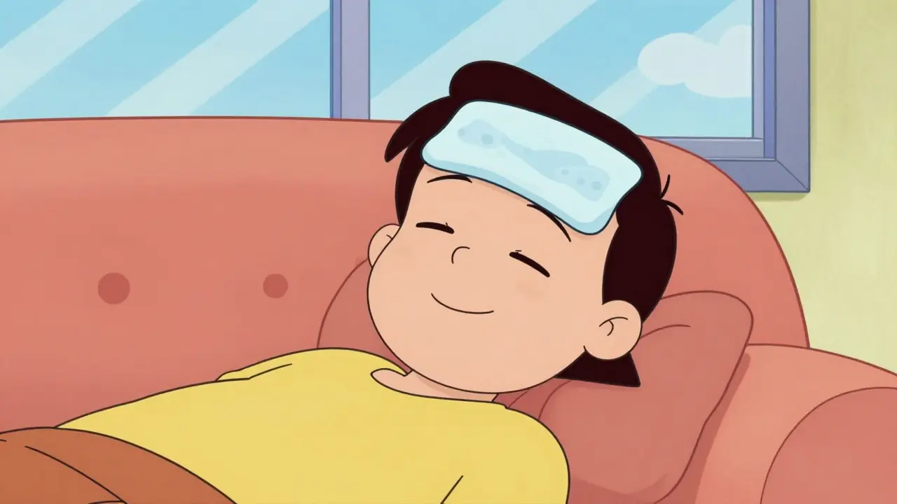 Person lying on sofa with cold compress on forehead