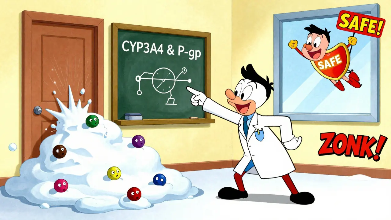 A doctor points at a chalkboard showing blocked drug pathways while azithromycin flies in as a superhero.