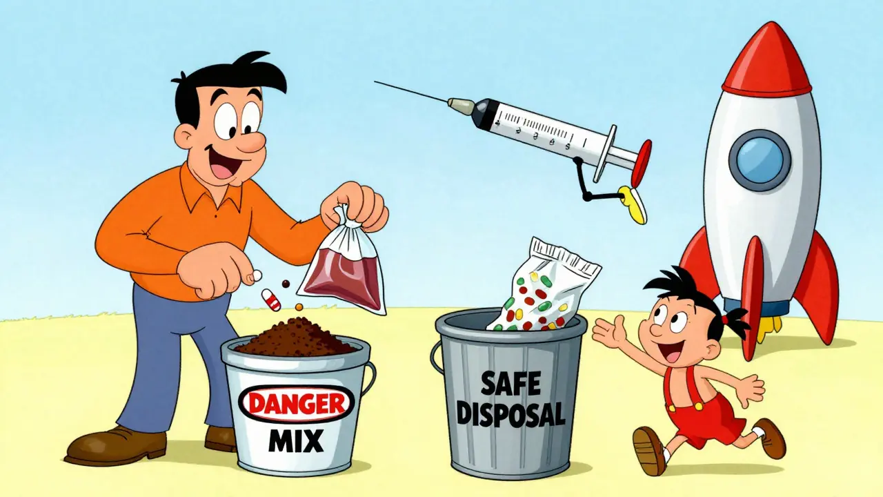 A family disposing of expired meds by mixing them with coffee grounds, a syringe running toward a sharps container.