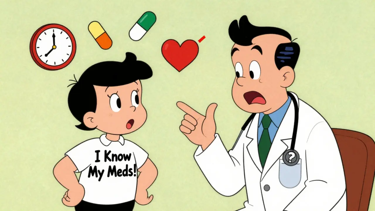 A patient explains their medication schedule to a doctor with floating icons representing pills, time, and safety.