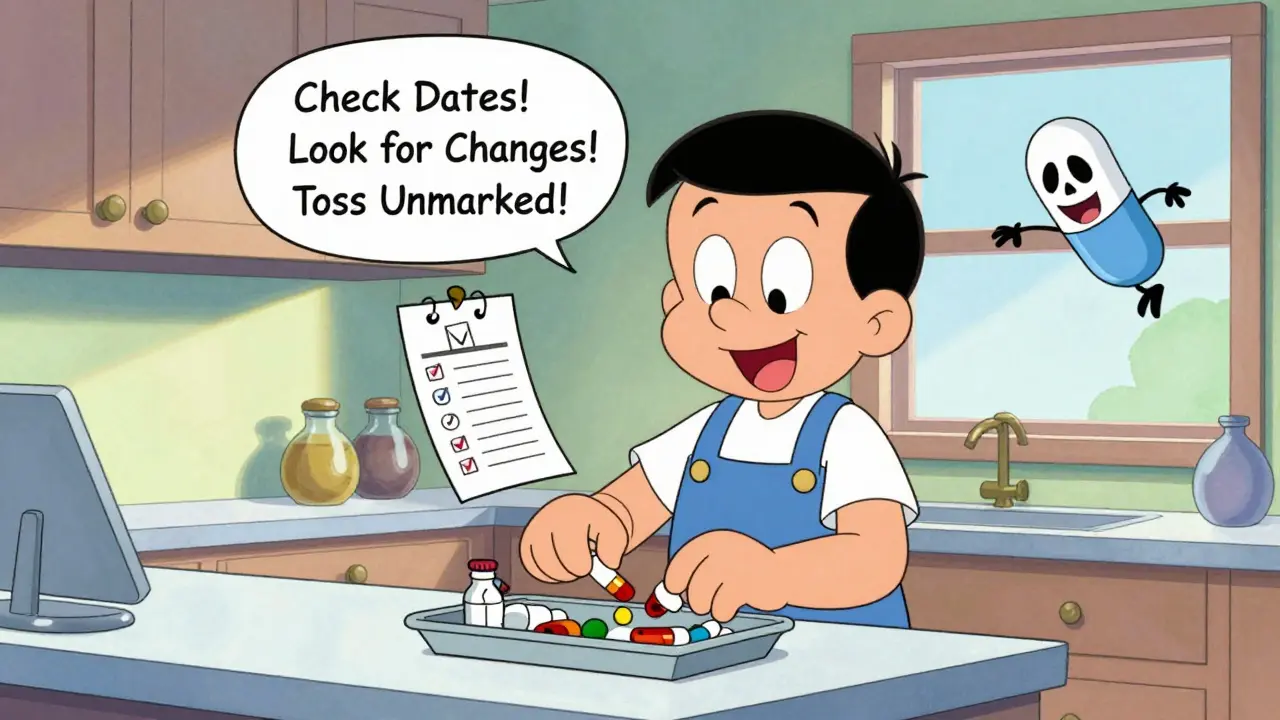 A person organizing medicines in a cool kitchen cabinet with a floating checklist and a flying expired pill.