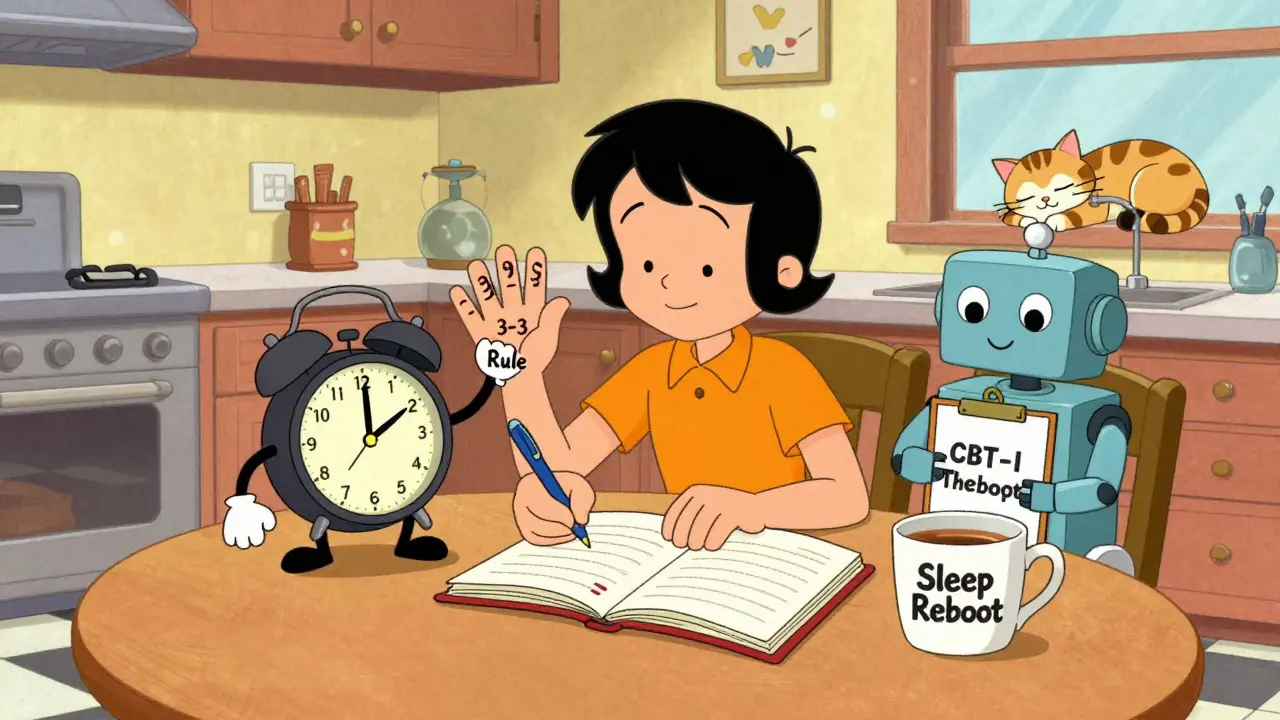 A person tracks sleep with a journal while a talking alarm clock and friendly robot offer the 3-3-3 Rule solution.