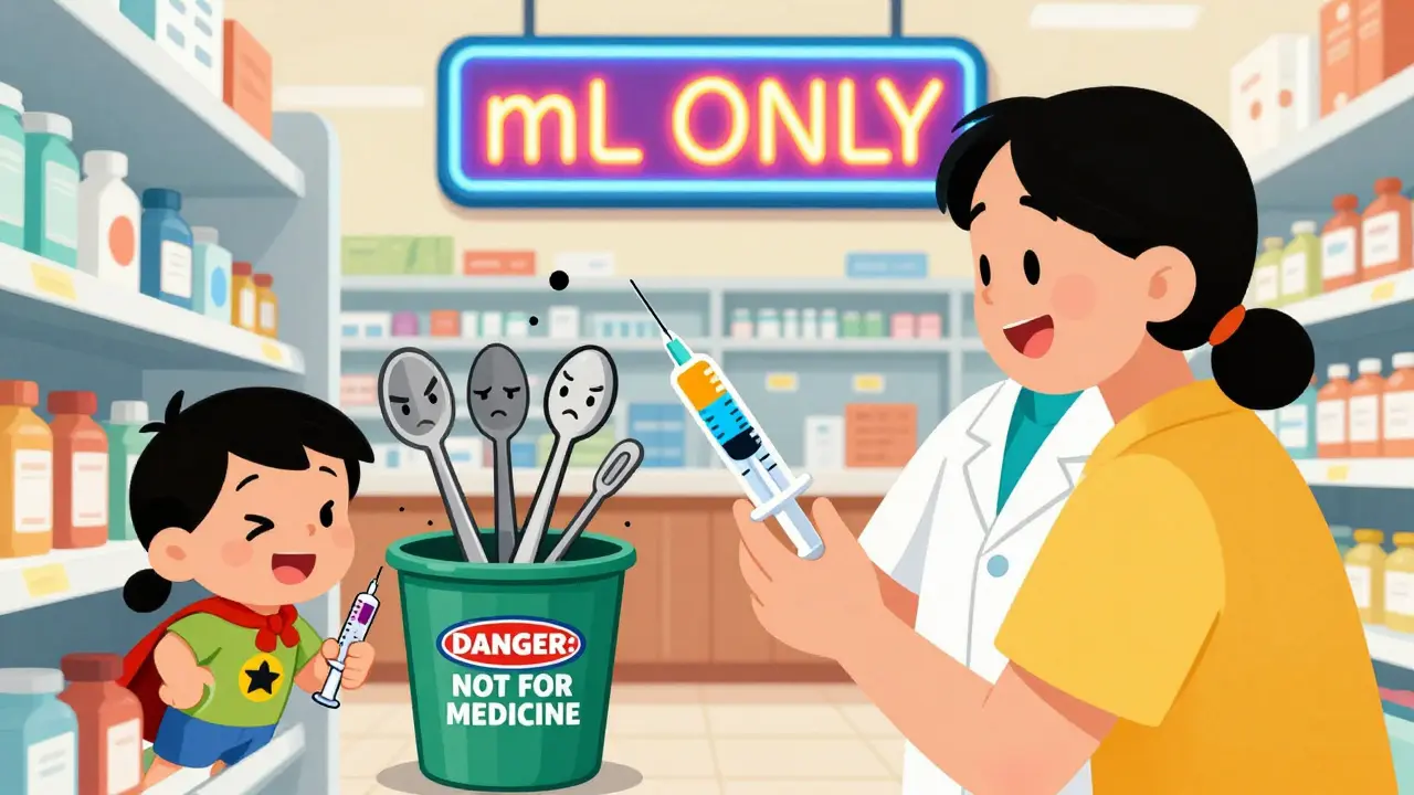 A pharmacist gives a colorful oral syringe to a parent in a pharmacy, as kitchen spoons are tossed into a trash bin labeled 'DANGER'.