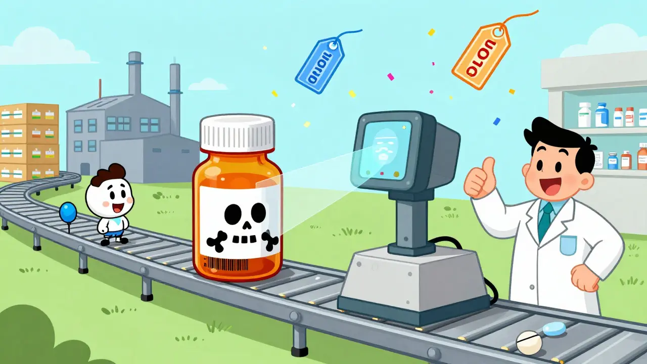 A pill bottle with a face travels through a digital supply chain, verified by a scanning beam.