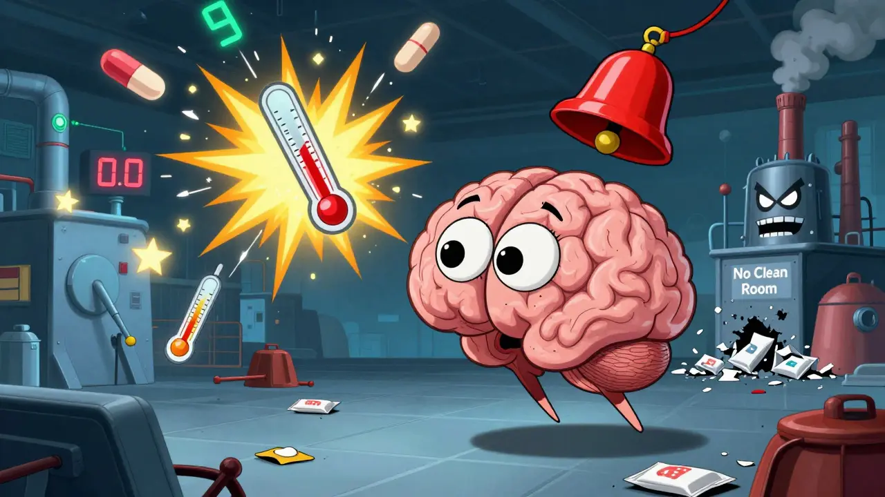 An AI brain monitors drug production data, alerting to a temperature spike in a cartoon factory.