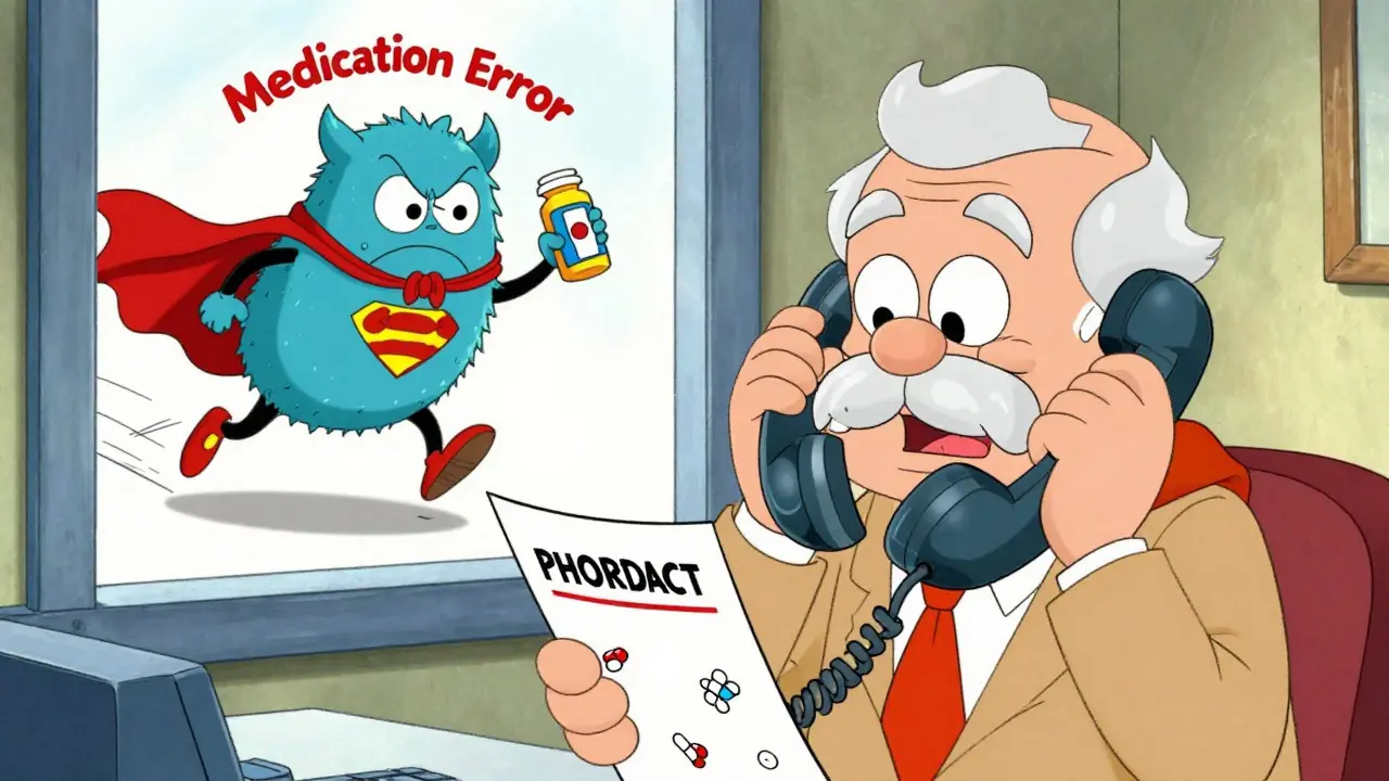 An elderly person calls their pharmacist while a comical 'Medication Error Monster' is chased away by a pill-bottle cape superhero.