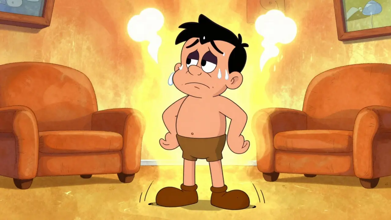 Animated man sweating and dizzy from severe drug side effects