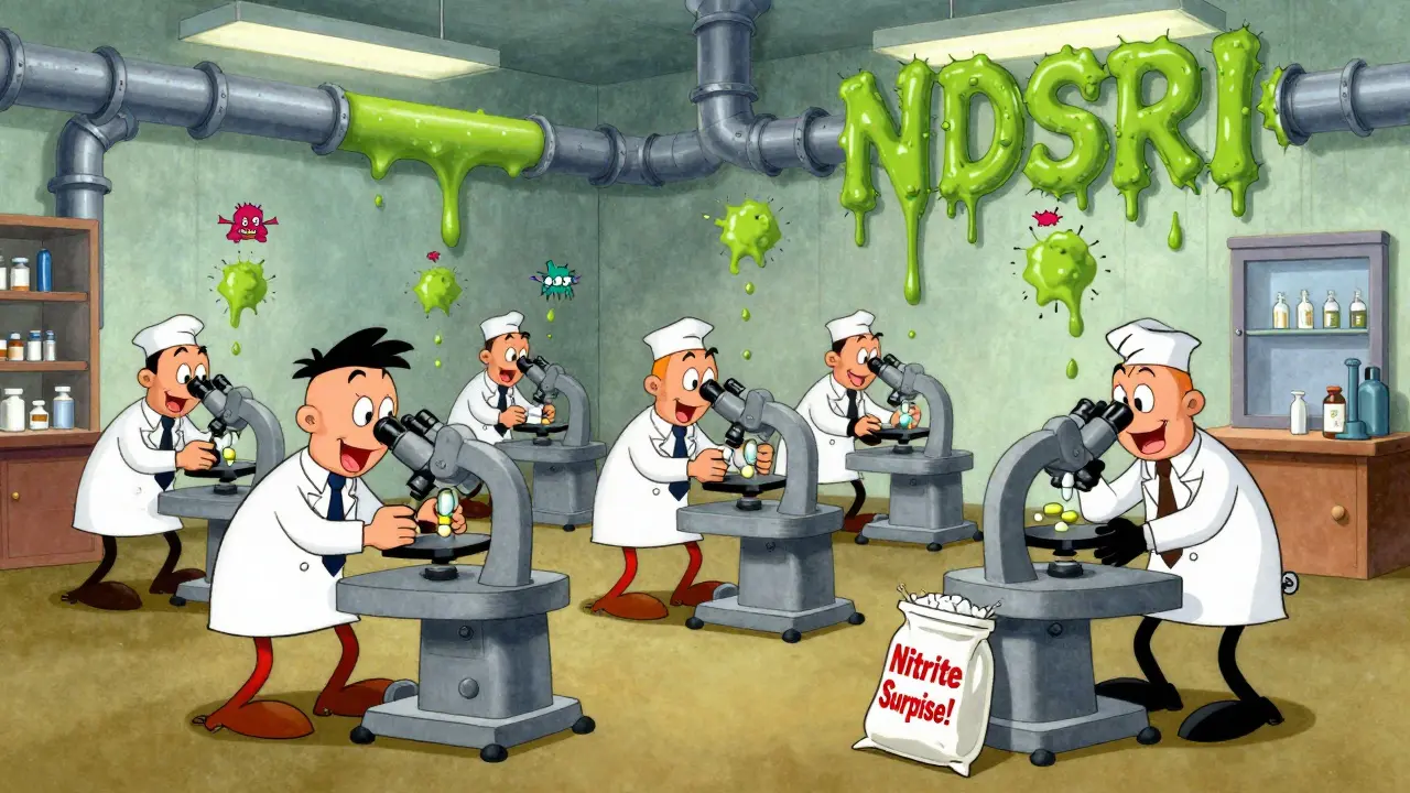 Cartoon drug factory with workers fighting nitrosamine monsters, one dropping a suspicious ingredient bag.