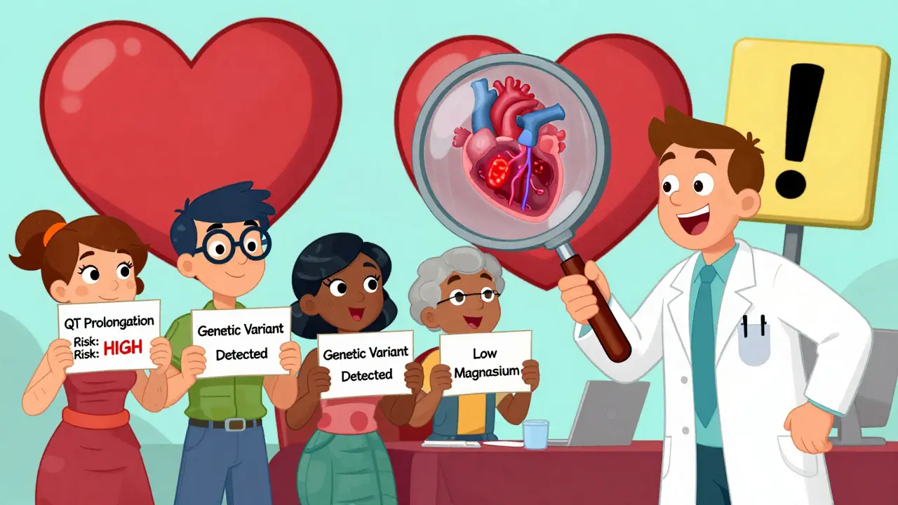 Diverse group at health fair holding risk cards while doctor uses magnifying glass to reveal glowing heart cells.