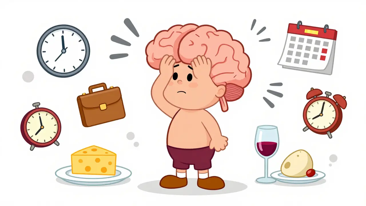 Migraine triggers shown as icons around cartoon character head