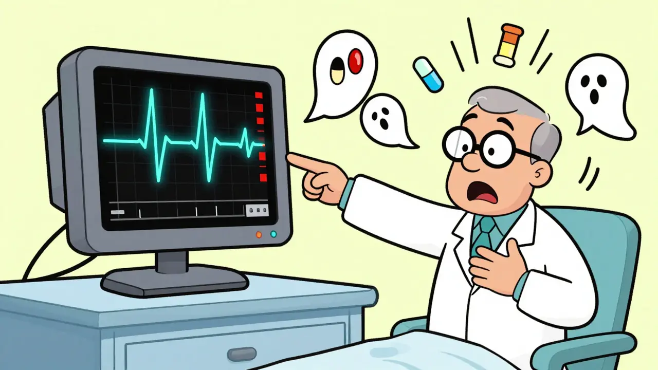 Patient in hospital clutching chest as ECG shows dangerous heartbeat, floating drug labels and electrolyte icons swirl around.