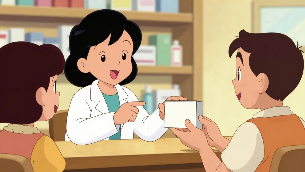 Pharmacist advising patient on safe medication choice at counter