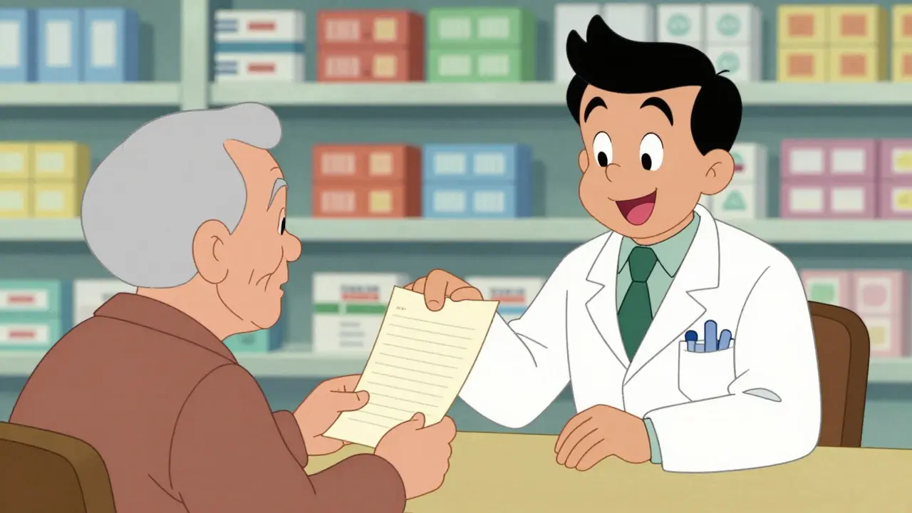 Pharmacist handing a paper document to a senior patient in a drug store.