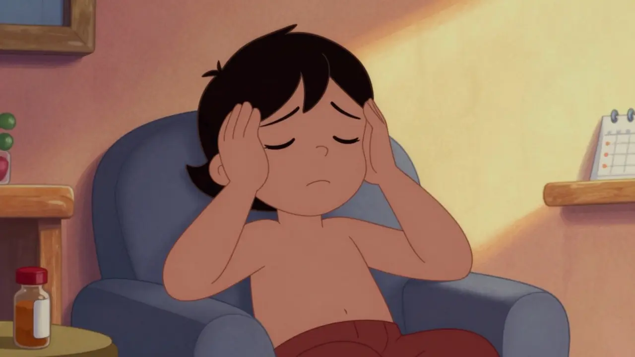 Relieved cartoon character with migraine management tools nearby