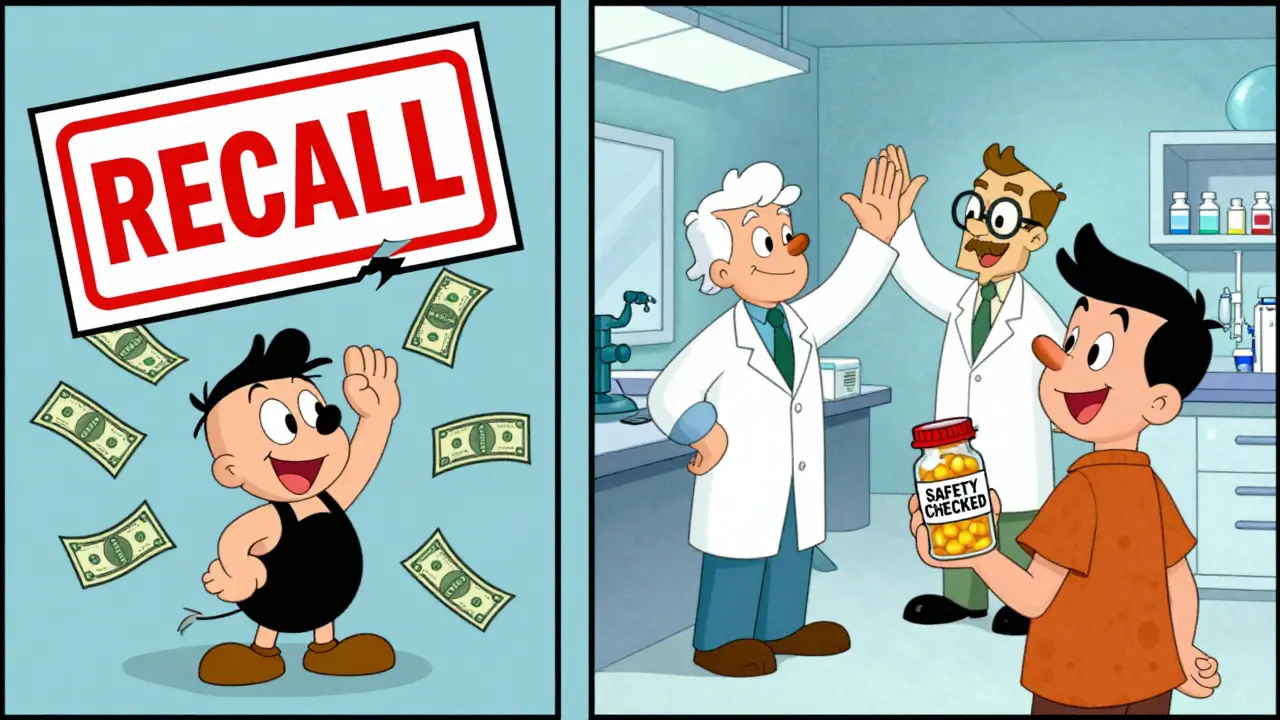 Split cartoon scene: small company going bankrupt vs. big lab scientists celebrating safe pills.