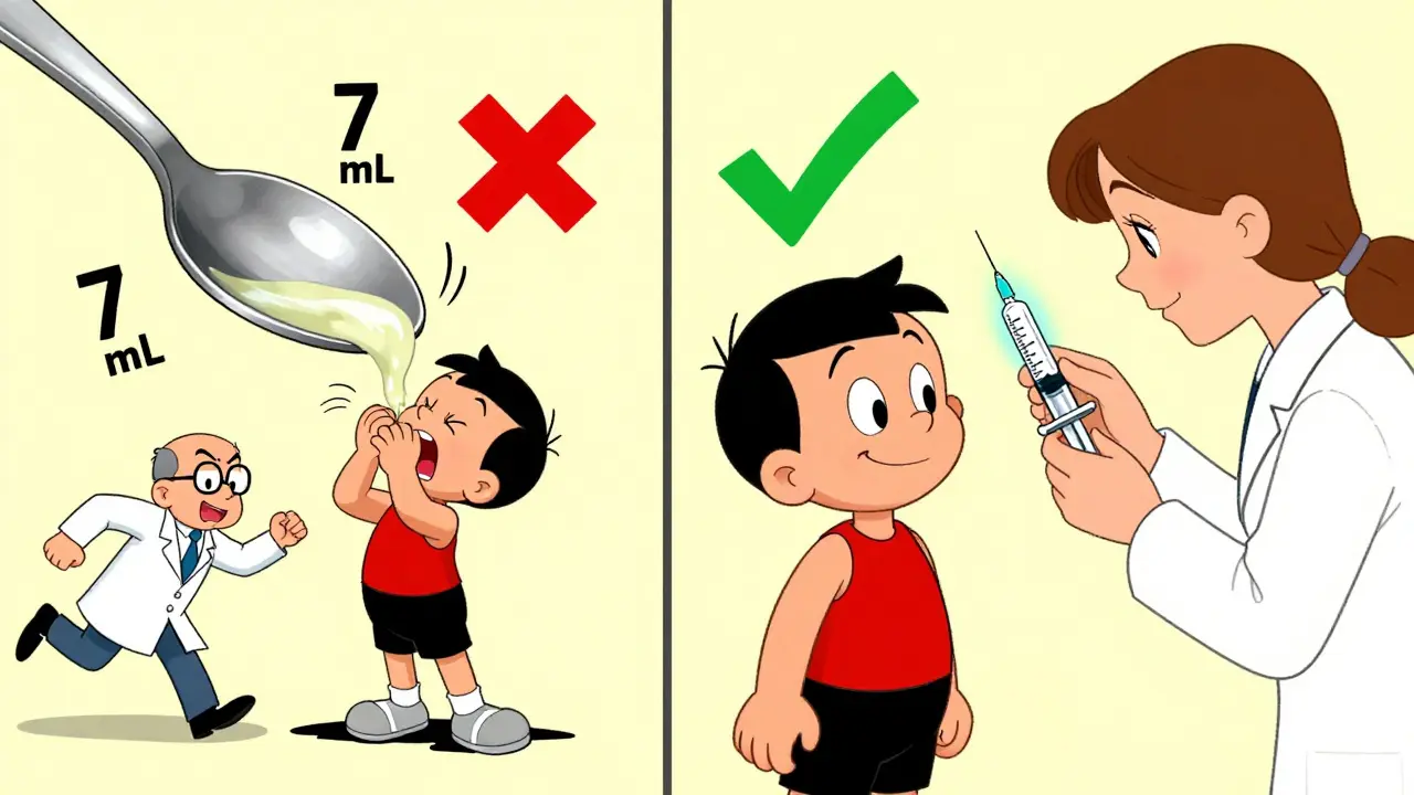 Split scene: left shows a child sick from overdose by spoon; right shows the same child safely receiving medicine with a syringe at eye level.