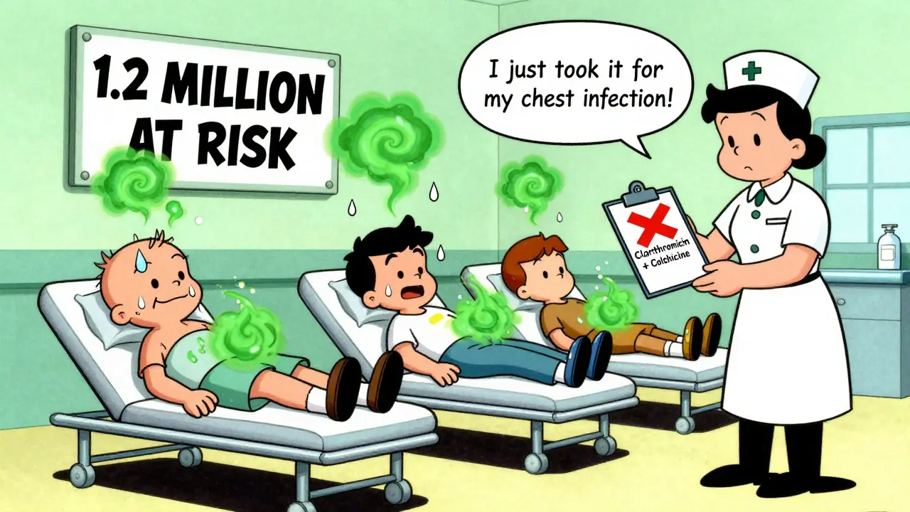 Three patients in an ER with toxicity clouds rising, labeled with a warning about dangerous drug combo.