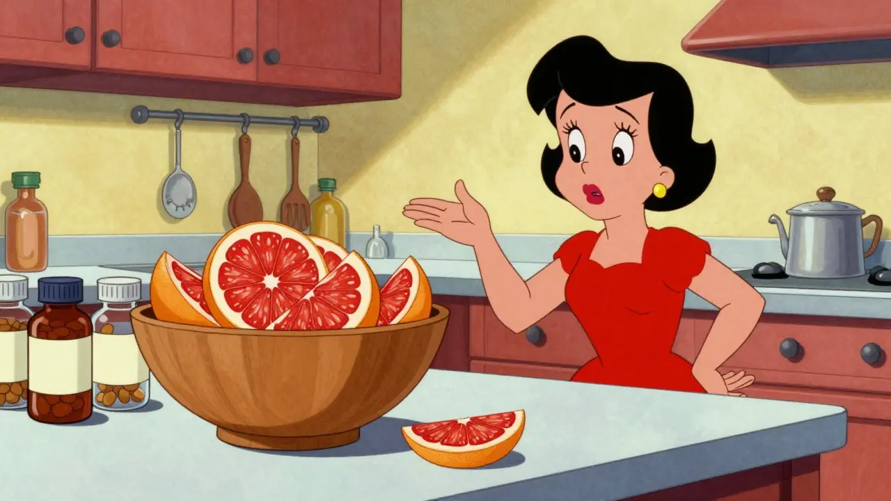 Woman hesitating near grapefruit and supplement bottles on a kitchen counter.