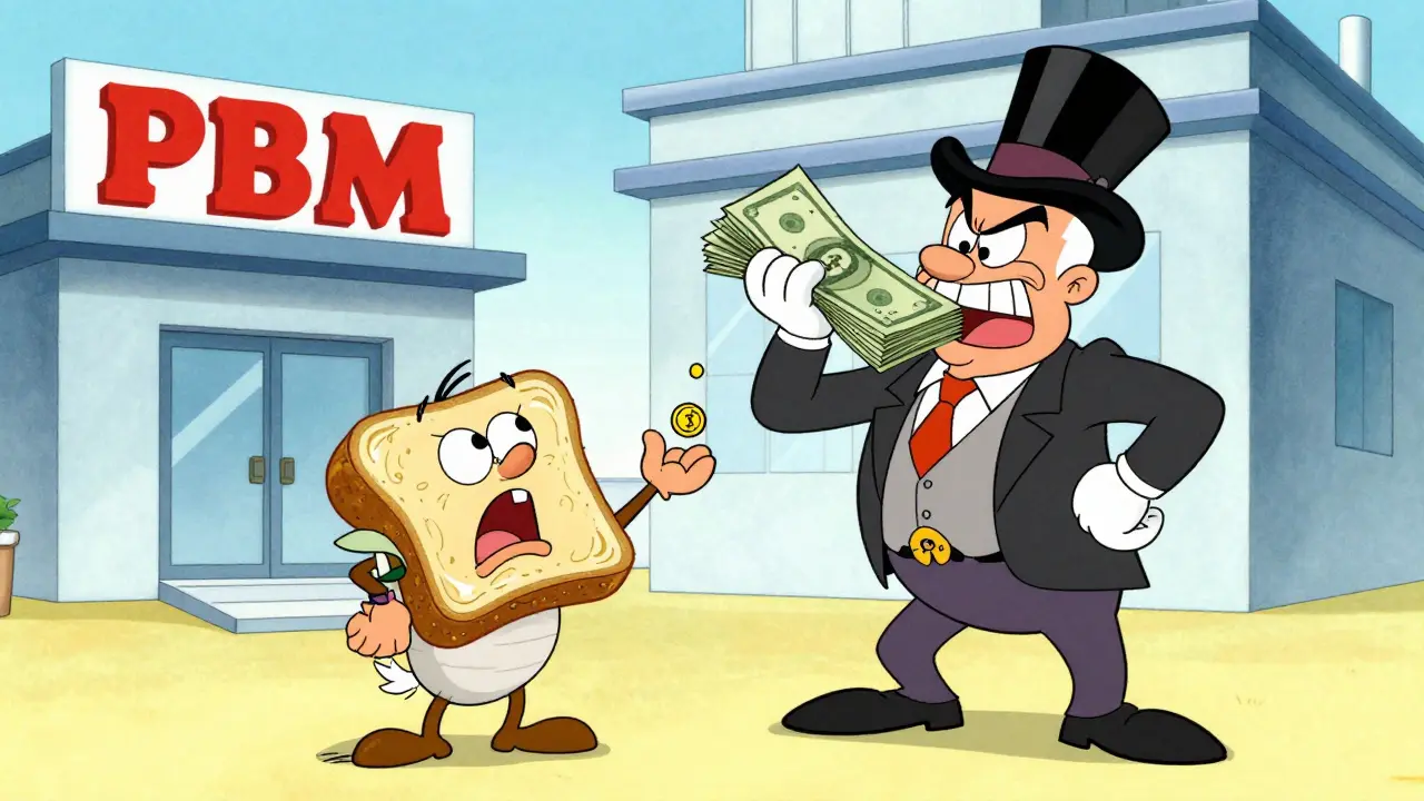 Cartoon corporate middleman taking a large portion of money between an insurance company and a pharmacist.