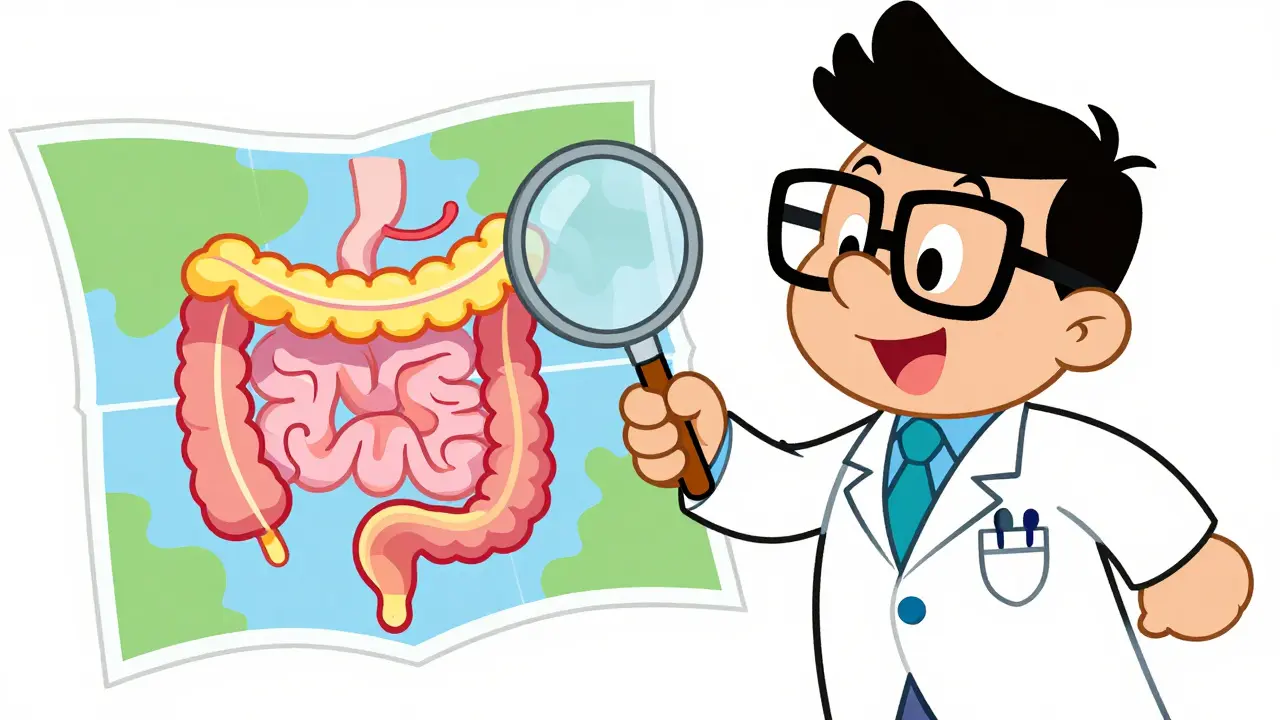 Cartoon doctor examining a colorful map of the human digestive system.