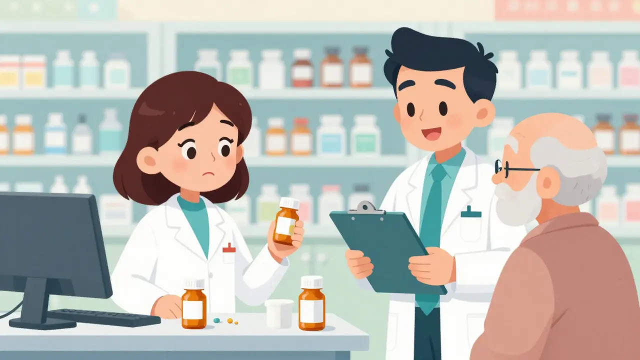 Cartoon pharmacist transitioning from a simple pill dispenser to a professional healthcare provider.