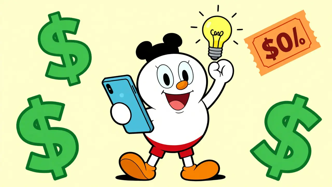 Character happily finding medication discounts on a smartphone.